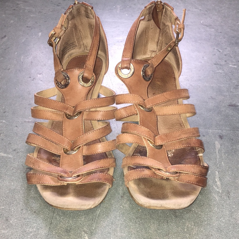 Tan Sperry wedge sandals with zipper back